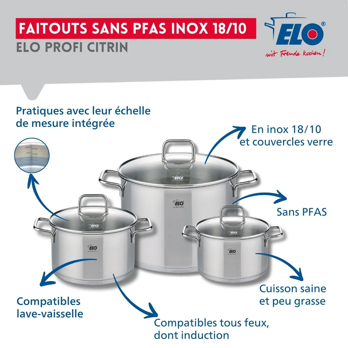 Ensemble de 1 Poêle de cuisson 24 cm et 3 faitouts 16, 20 et 26 cm Elo Profi Citrin - Image 3