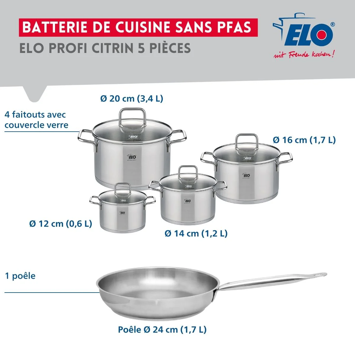 Ensemble de 1 Poêle de cuisson 24 cm et 4 faitouts 12, 14, 16 et 20 cm Elo Profi Citrin - Image 2