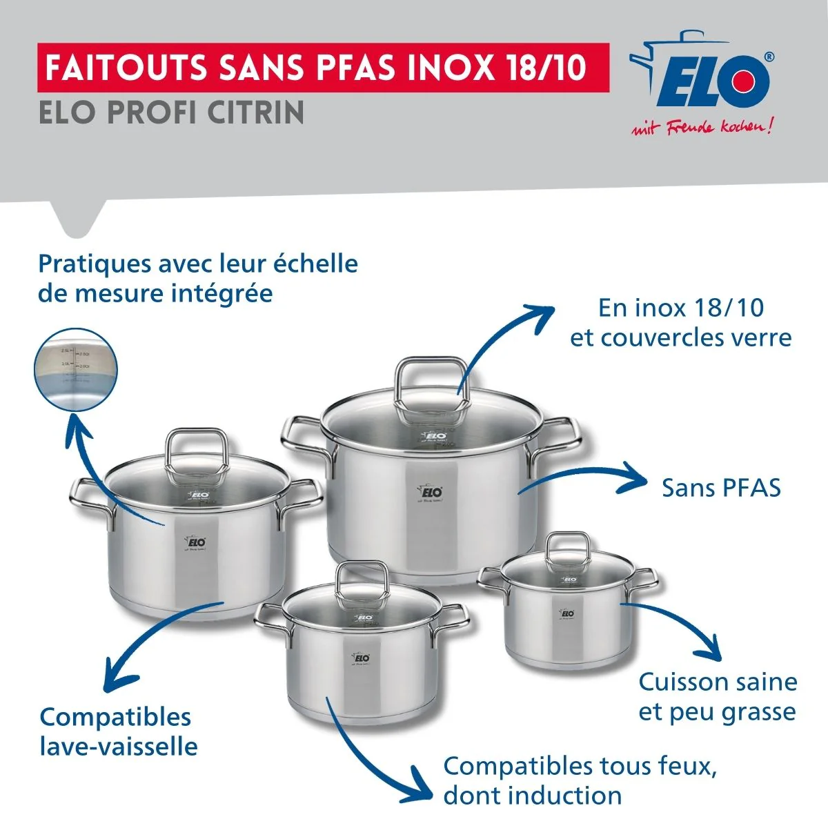 Ensemble de 1 Poêle de cuisson 24 cm et 4 faitouts 12, 14, 16 et 20 cm Elo Profi Citrin - Image 3