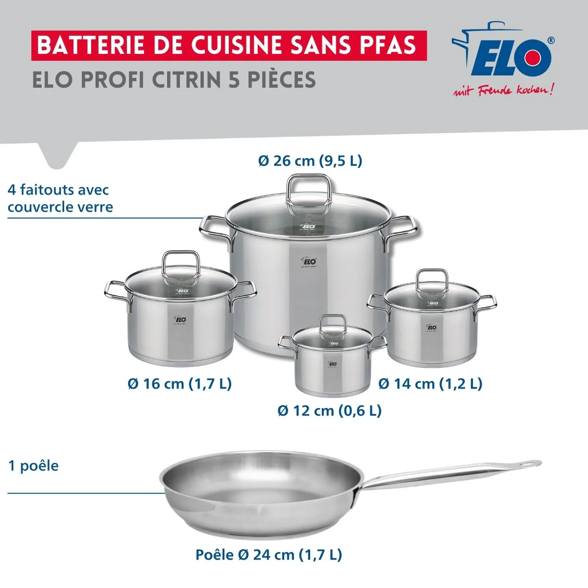 Ensemble de 1 Poêle de cuisson 24 cm et 4 faitouts 12, 14, 16 et 26 cm Elo Profi Citrin - Image 2