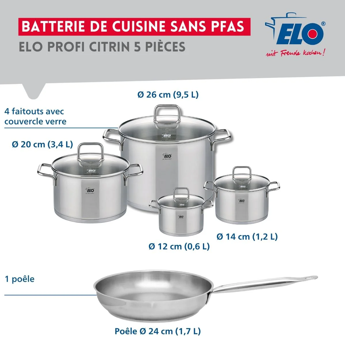 Ensemble de 1 Poêle de cuisson 24 cm et 4 faitouts 12, 14, 20 et 26 cm Elo Profi Citrin - Image 2
