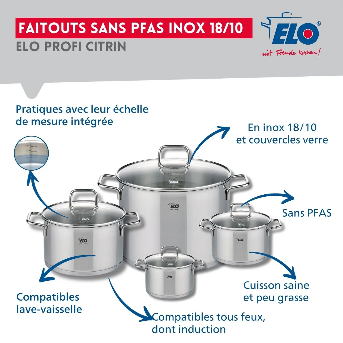 Ensemble de 1 Poêle de cuisson 24 cm et 4 faitouts 12, 14, 20 et 26 cm Elo Profi Citrin - Image 3
