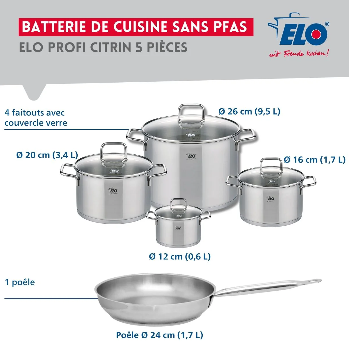 Ensemble de 1 Poêle de cuisson 24 cm et 4 faitouts 12, 16, 20 et 26 cm Elo Profi Citrin - Image 2
