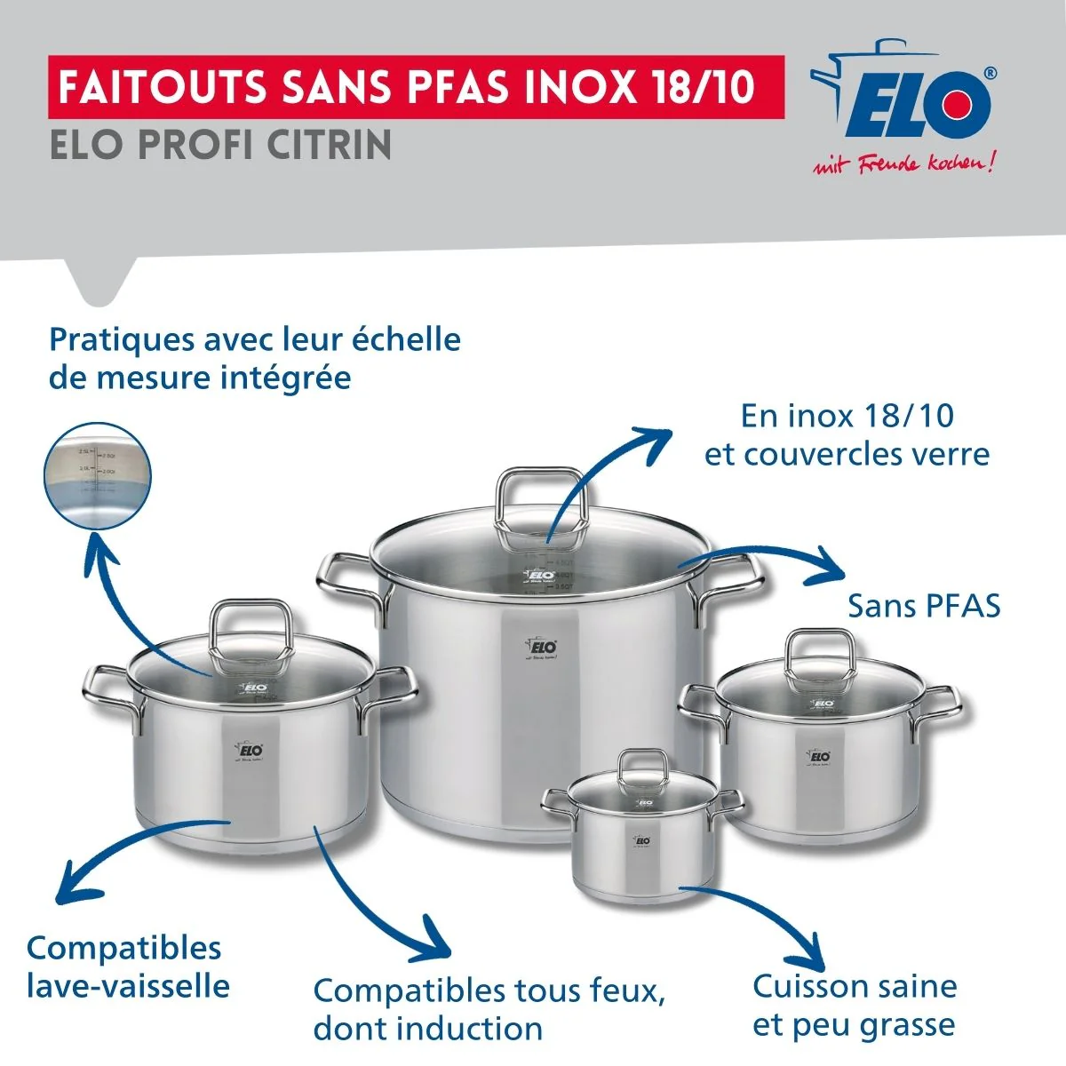 Ensemble de 1 Poêle de cuisson 24 cm et 4 faitouts 12, 16, 20 et 26 cm Elo Profi Citrin - Image 3