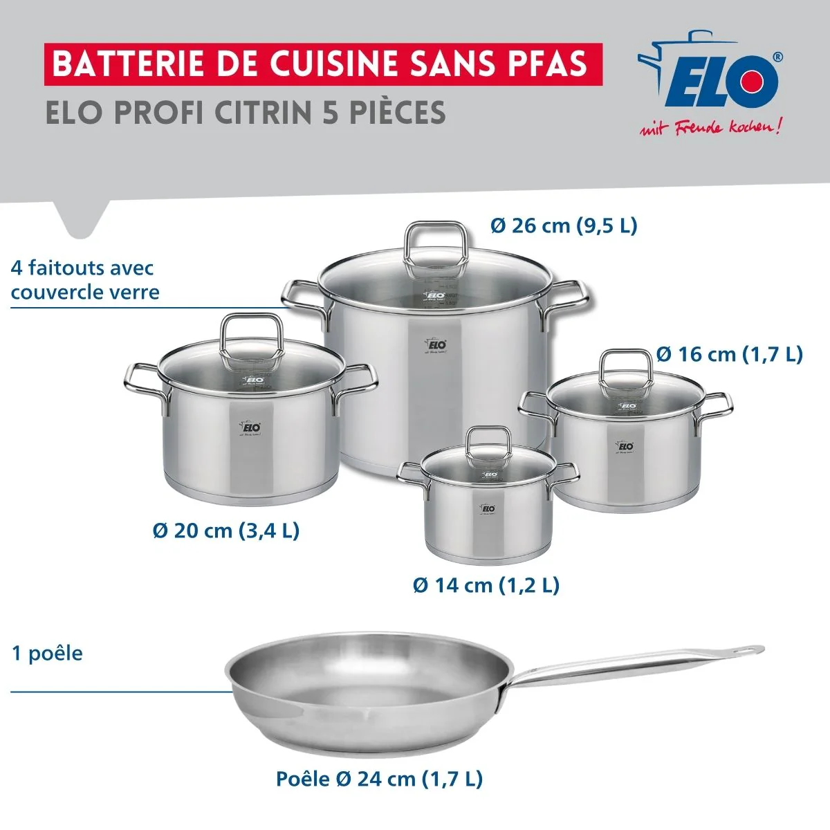 Ensemble de 1 Poêle de cuisson 24 cm et 4 faitouts 14, 16, 20 et 26 cm Elo Profi Citrin - Image 2