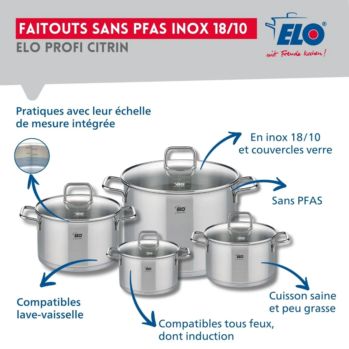 Ensemble de 1 Poêle de cuisson 24 cm et 4 faitouts 14, 16, 20 et 26 cm Elo Profi Citrin - Image 3