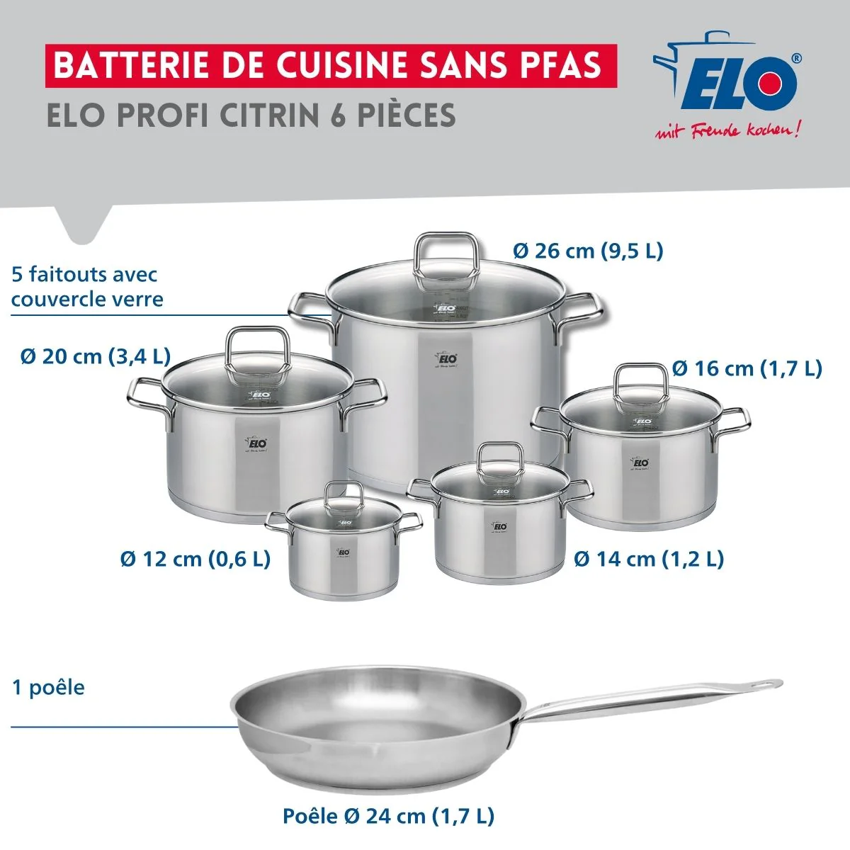 Ensemble de 1 Poêle de cuisson 24 cm et 5 faitouts 12, 14, 16, 20 et 26 cm Elo Profi Citrin - Image 2
