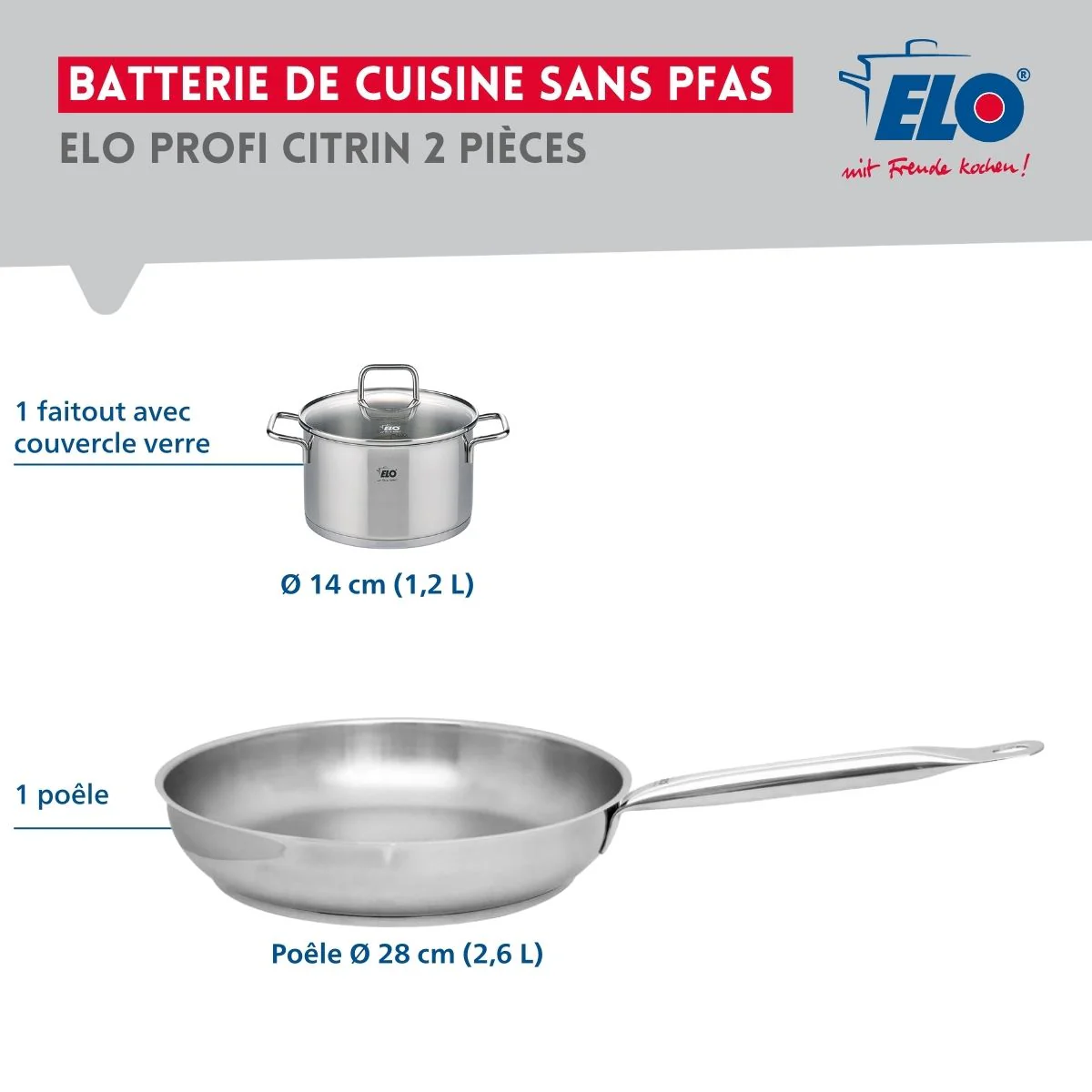 Ensemble de 1 Poêle de cuisson 28 cm et 1 faitout 14 cm Elo Profi Citrin - Image 2