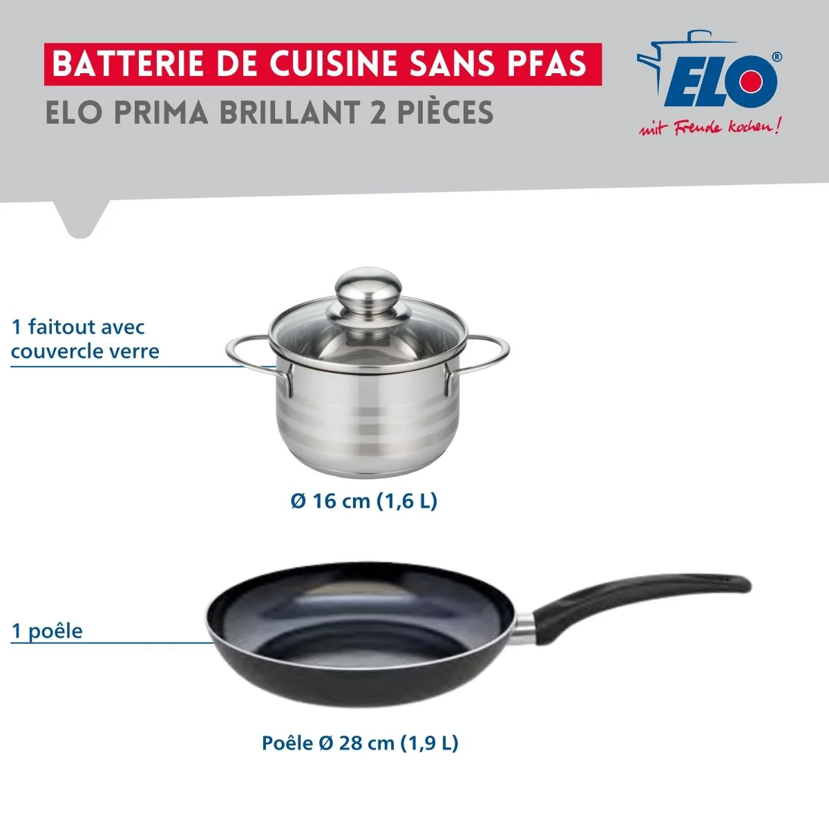 Ensemble de 1 Poêle de cuisson 28 cm et 1 faitout 16 cm Elo Prima Brillant - Image 2