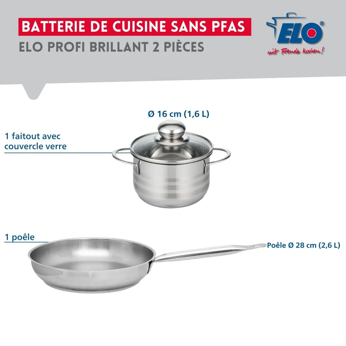Ensemble de 1 Poêle de cuisson 28 cm et 1 faitout 16 cm Elo Profi Brillant - Image 2