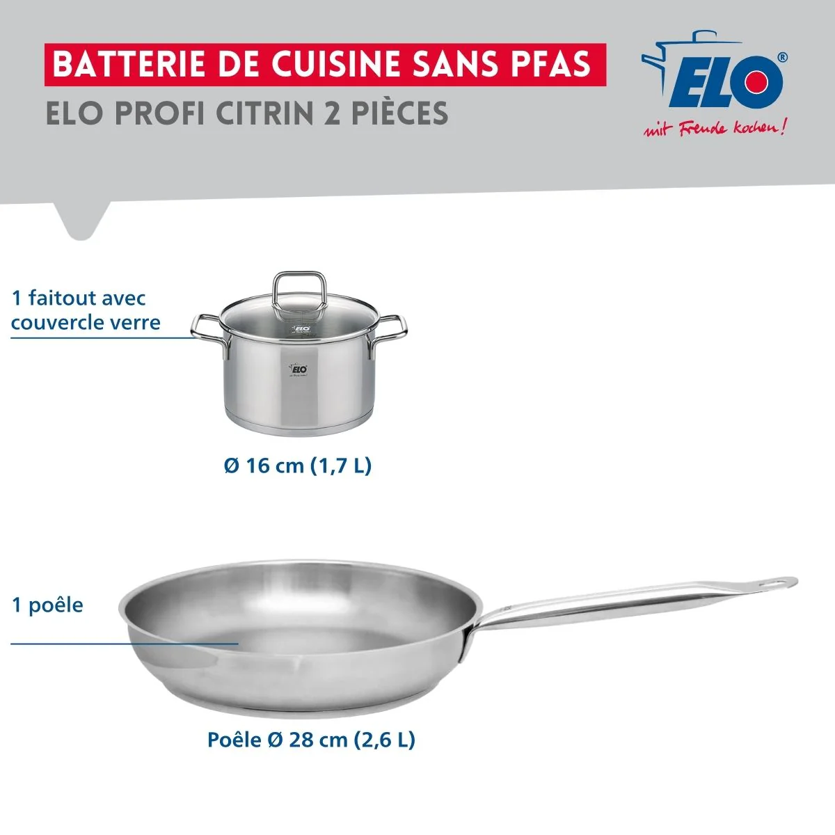 Ensemble de 1 Poêle de cuisson 28 cm et 1 faitout 16 cm Elo Profi Citrin - Image 2