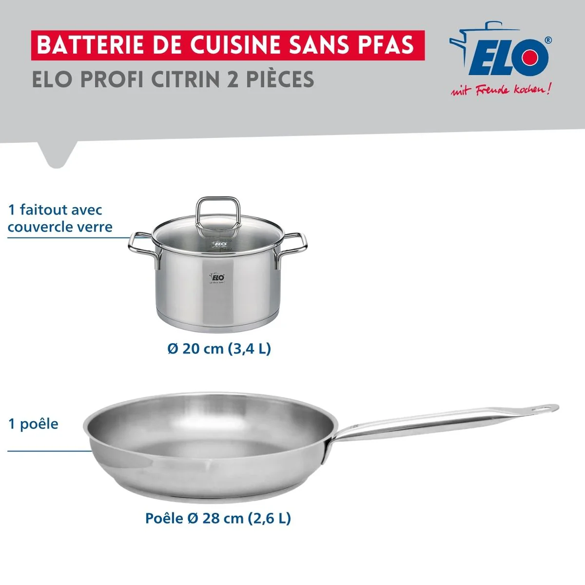 Ensemble de 1 Poêle de cuisson 28 cm et 1 faitout 20 cm Elo Profi Citrin - Image 2