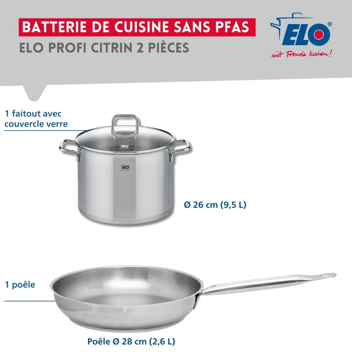Ensemble de 1 Poêle de cuisson 28 cm et 1 faitout 26 cm Elo Profi Citrin - Image 2