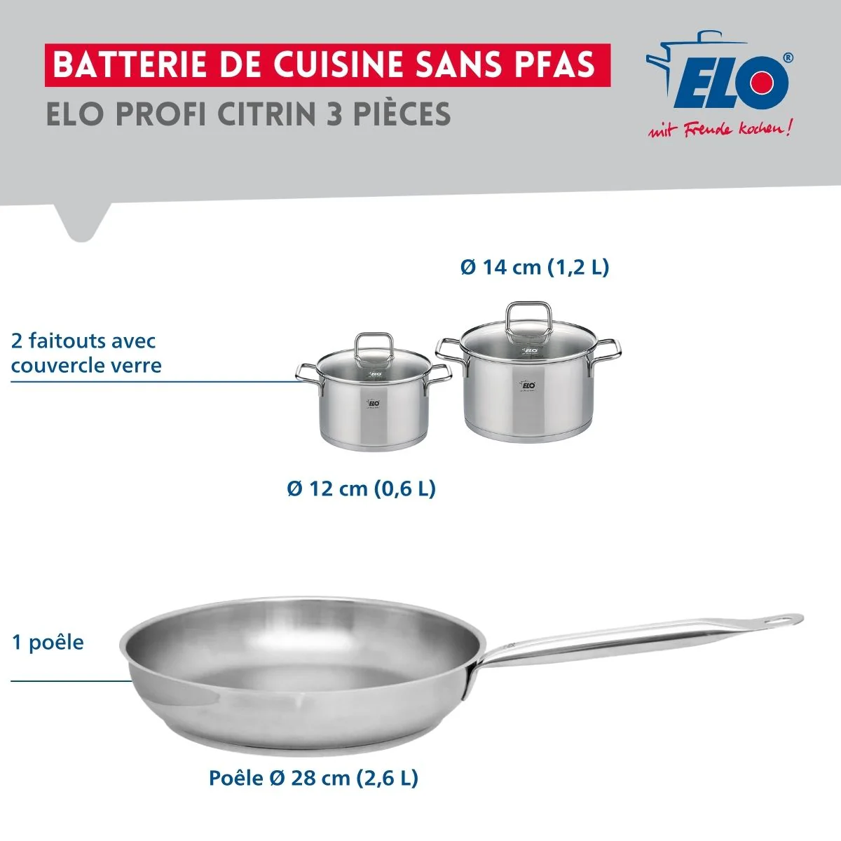 Ensemble de 1 Poêle de cuisson 28 cm et 2 faitouts 12 et 14 cm Elo Profi Citrin - Image 2