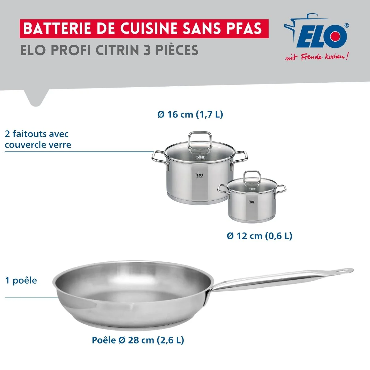 Ensemble de 1 Poêle de cuisson 28 cm et 2 faitouts 12 et 16 cm Elo Profi Citrin - Image 2