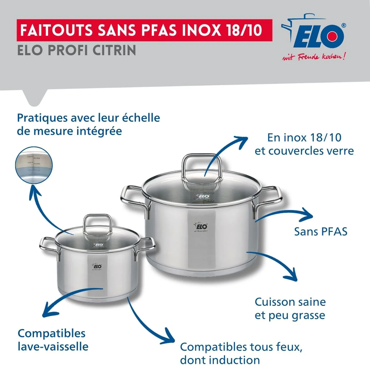Ensemble de 1 Poêle de cuisson 28 cm et 2 faitouts 12 et 16 cm Elo Profi Citrin - Image 3