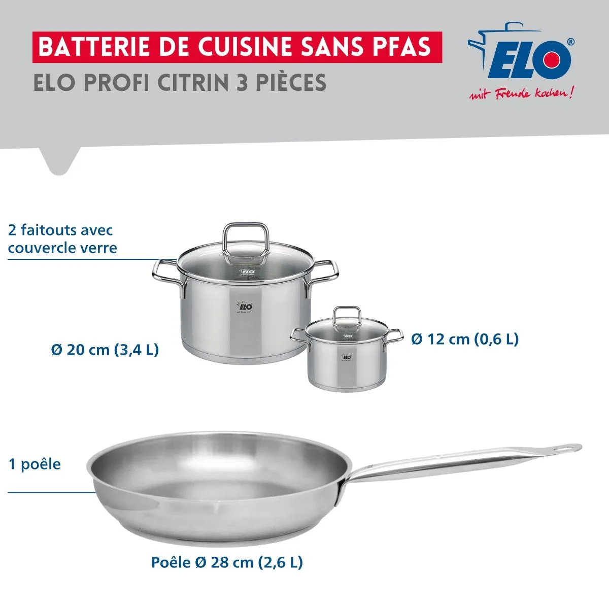 Ensemble de 1 Poêle de cuisson 28 cm et 2 faitouts 12 et 20 cm Elo Profi Citrin - Image 2