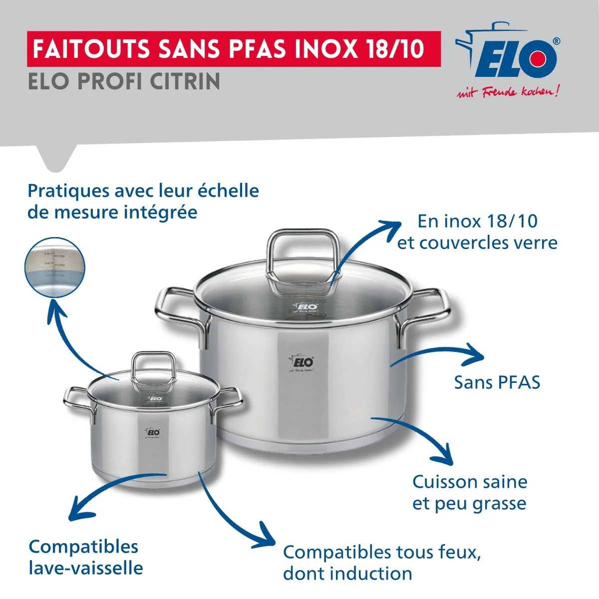 Ensemble de 1 Poêle de cuisson 28 cm et 2 faitouts 12 et 20 cm Elo Profi Citrin - Image 3