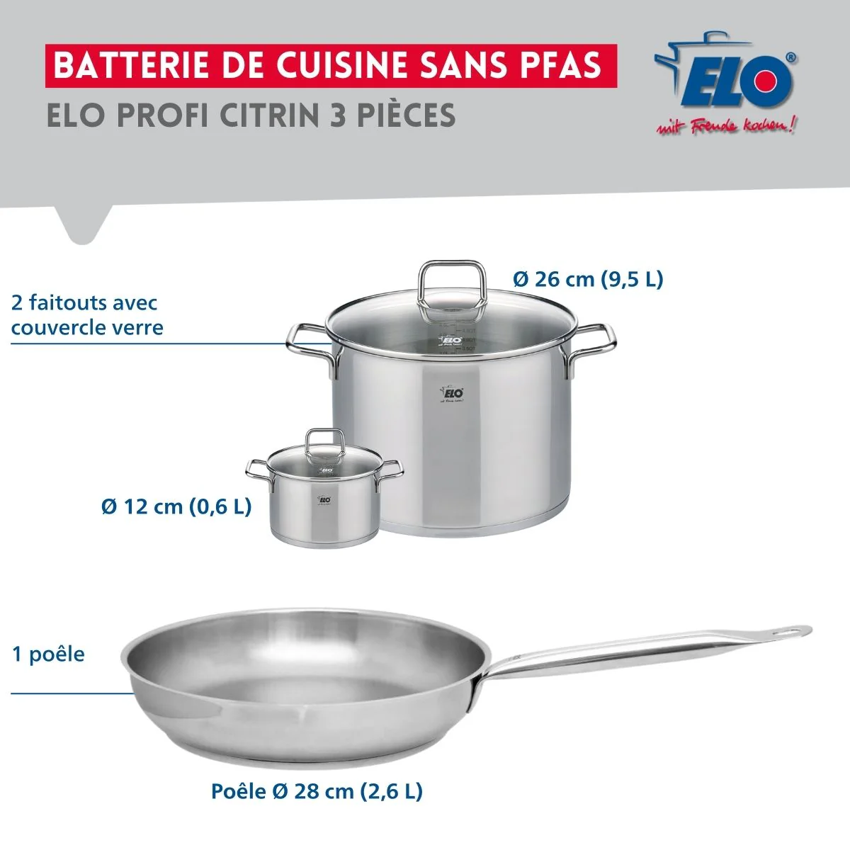 Ensemble de 1 Poêle de cuisson 28 cm et 2 faitouts 12 et 26 cm Elo Profi Citrin - Image 2