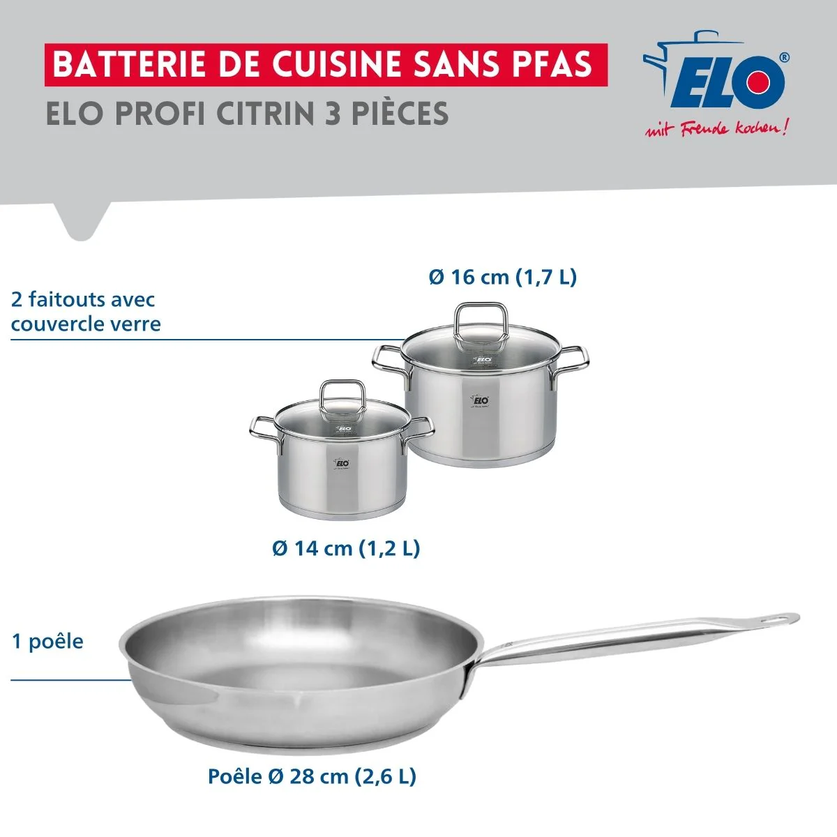 Ensemble de 1 Poêle de cuisson 28 cm et 2 faitouts 14 et 16 cm Elo Profi Citrin - Image 2