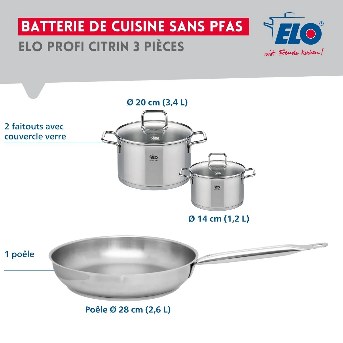 Ensemble de 1 Poêle de cuisson 28 cm et 2 faitouts 14 et 20 cm Elo Profi Citrin - Image 2