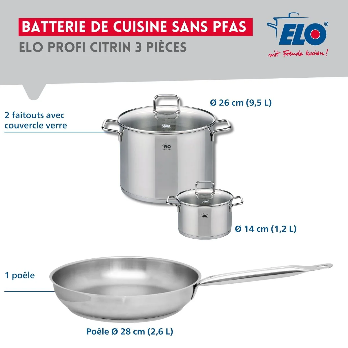 Ensemble de 1 Poêle de cuisson 28 cm et 2 faitouts 14 et 26 cm Elo Profi Citrin - Image 2