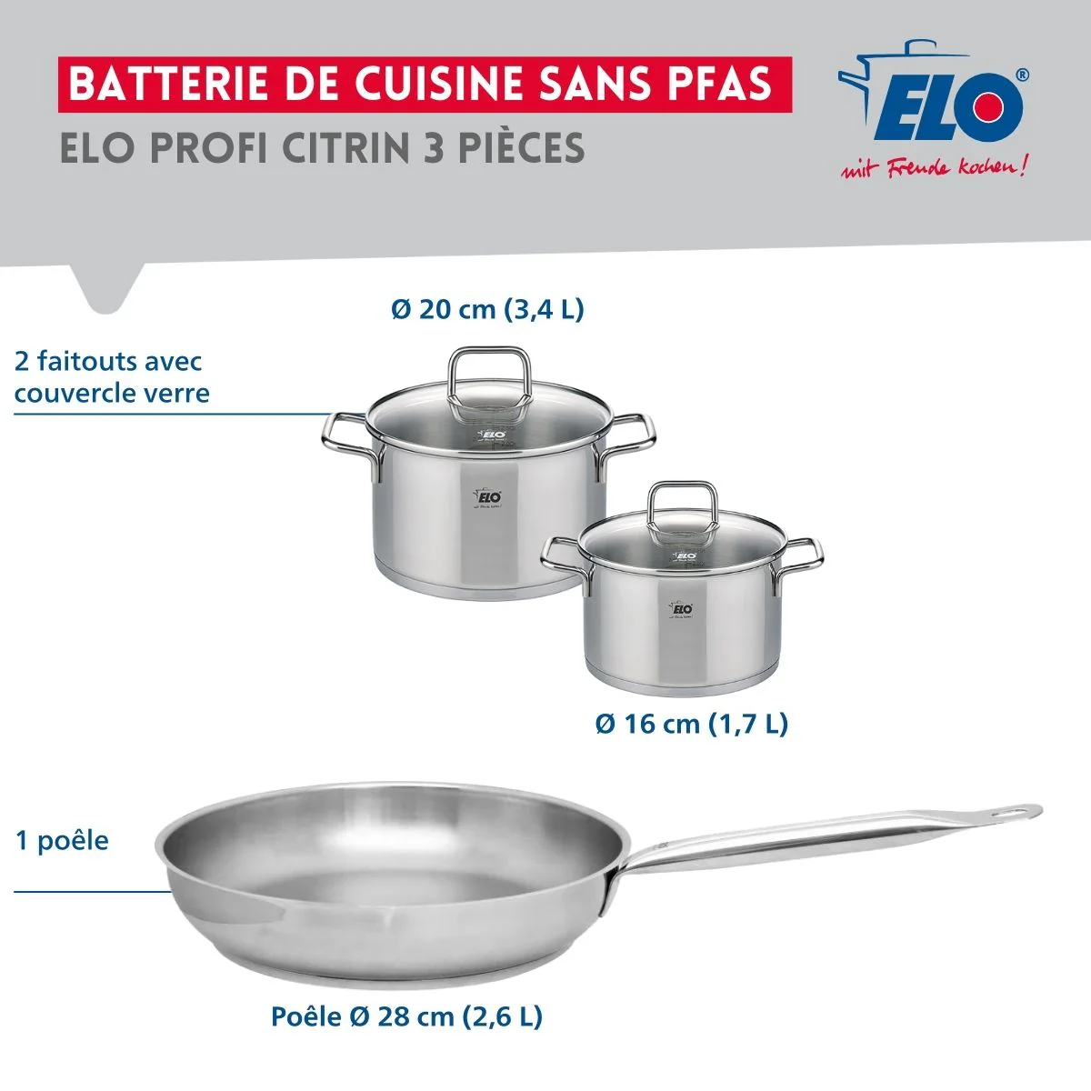 Ensemble de 1 Poêle de cuisson 28 cm et 2 faitouts 16 et 20 cm Elo Profi Citrin - Image 2
