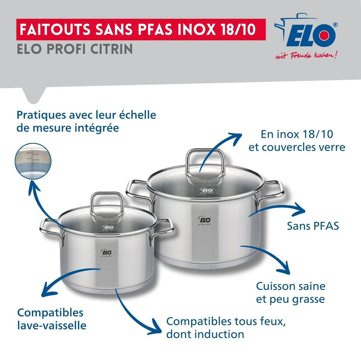 Ensemble de 1 Poêle de cuisson 28 cm et 2 faitouts 16 et 20 cm Elo Profi Citrin - Image 3
