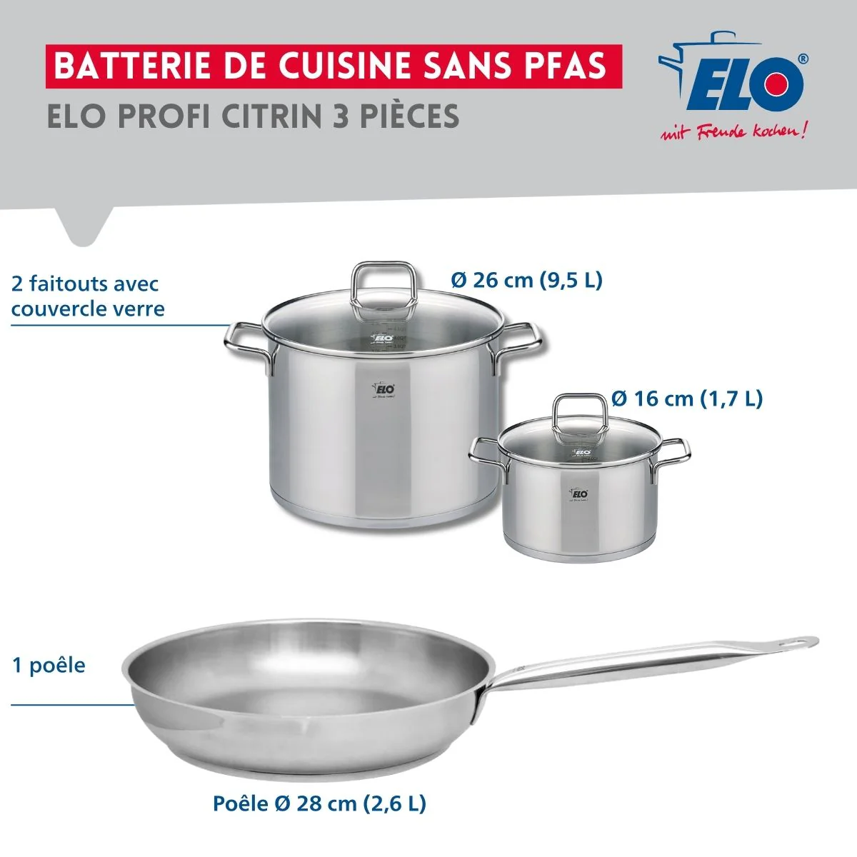 Ensemble de 1 Poêle de cuisson 28 cm et 2 faitouts 16 et 26 cm Elo Profi Citrin - Image 2