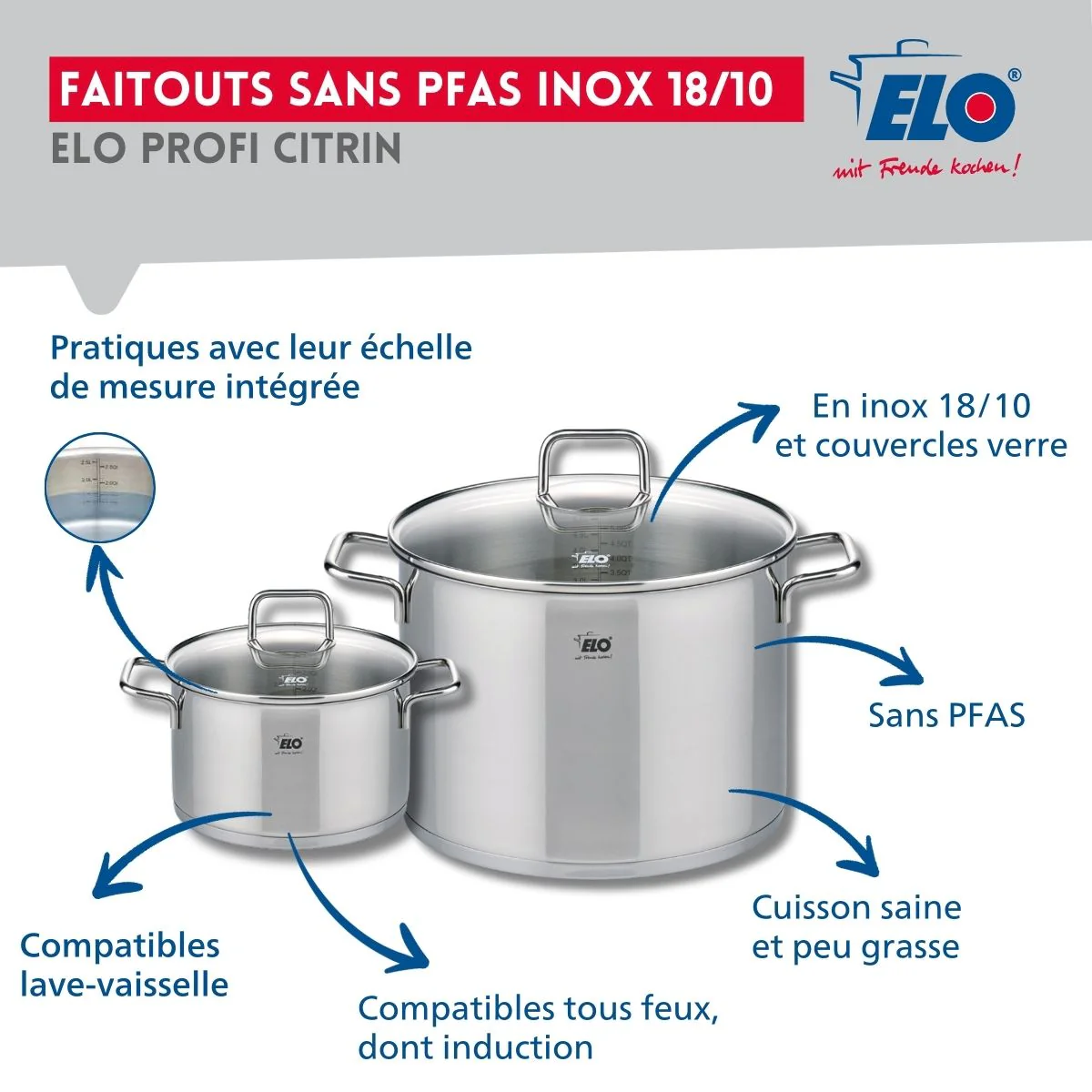 Ensemble de 1 Poêle de cuisson 28 cm et 2 faitouts 16 et 26 cm Elo Profi Citrin - Image 3