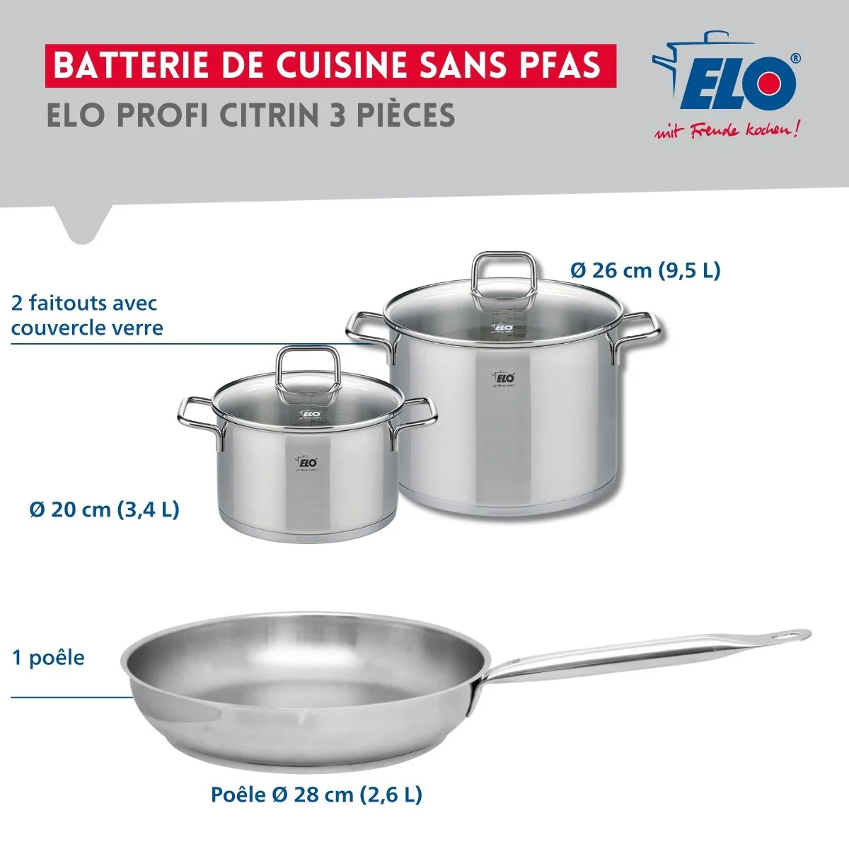 Ensemble de 1 Poêle de cuisson 28 cm et 2 faitouts 20 et 26 cm Elo Profi Citrin - Image 2