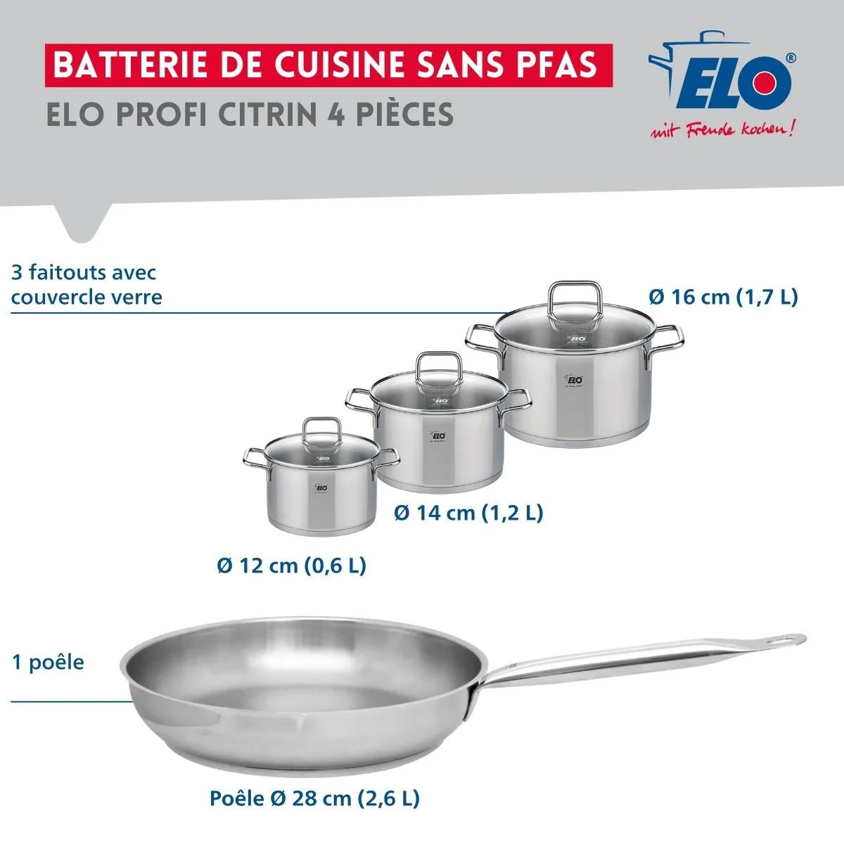 Ensemble de 1 Poêle de cuisson 28 cm et 3 faitouts 12, 14 et 16 cm Elo Profi Citrin - Image 2