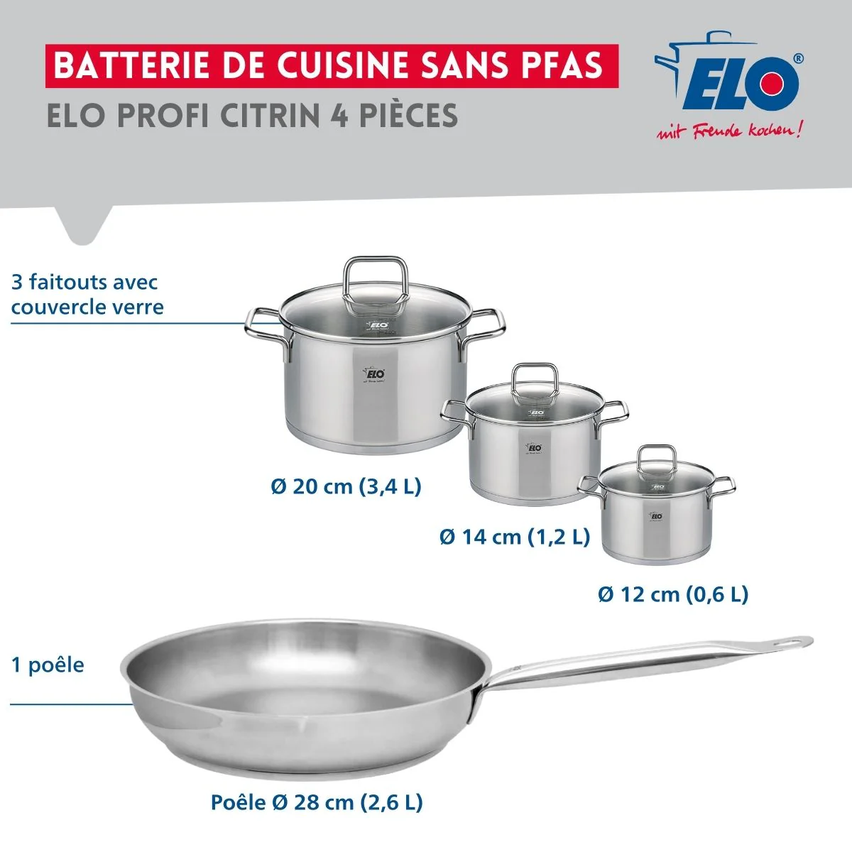 Ensemble de 1 Poêle de cuisson 28 cm et 3 faitouts 12, 14 et 20 cm Elo Profi Citrin - Image 2