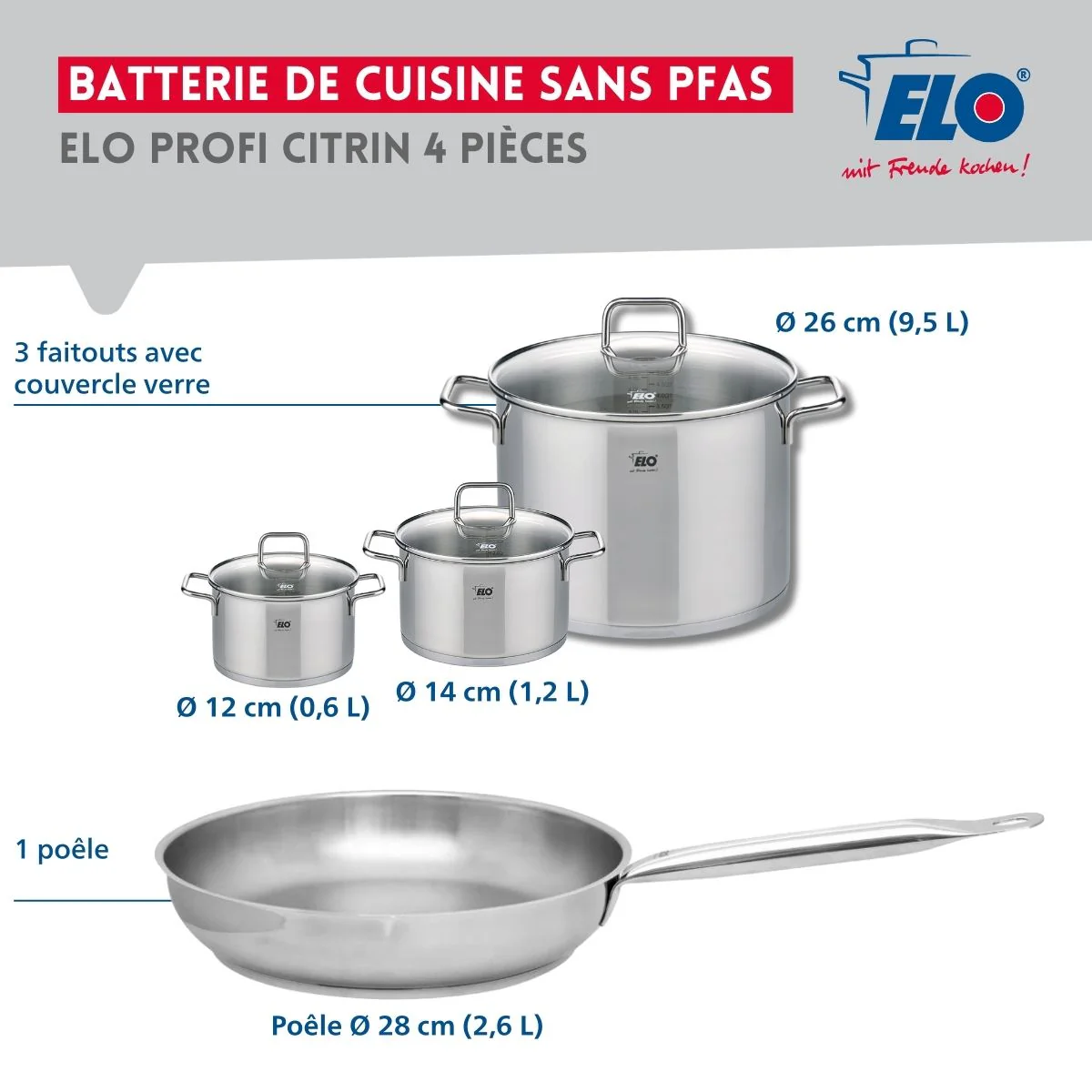 Ensemble de 1 Poêle de cuisson 28 cm et 3 faitouts 12, 14 et 26 cm Elo Profi Citrin - Image 2
