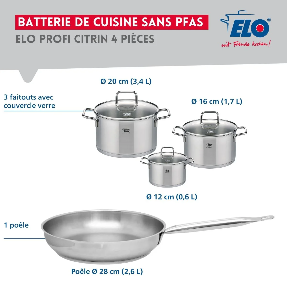 Ensemble de 1 Poêle de cuisson 28 cm et 3 faitouts 12, 16 et 20 cm Elo Profi Citrin - Image 2
