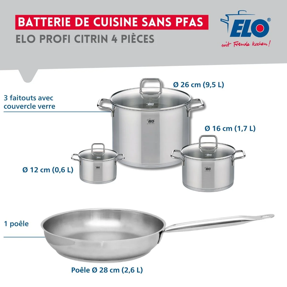 Ensemble de 1 Poêle de cuisson 28 cm et 3 faitouts 12, 16 et 26 cm Elo Profi Citrin - Image 2