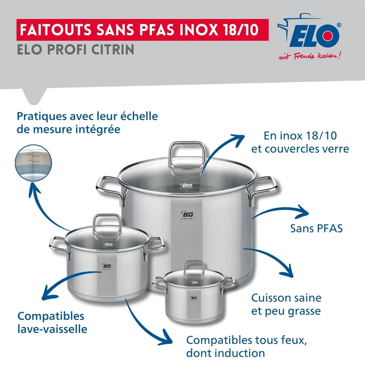 Ensemble de 1 Poêle de cuisson 28 cm et 3 faitouts 12, 16 et 26 cm Elo Profi Citrin - Image 3