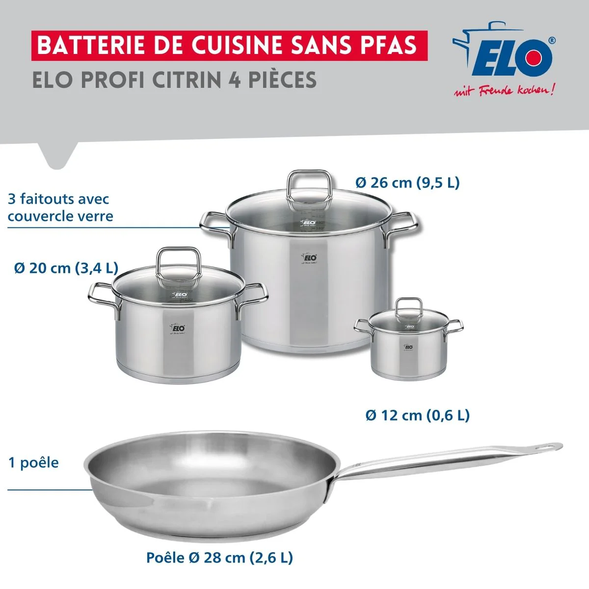 Ensemble de 1 Poêle de cuisson 28 cm et 3 faitouts 12, 20 et 26 cm Elo Profi Citrin - Image 2