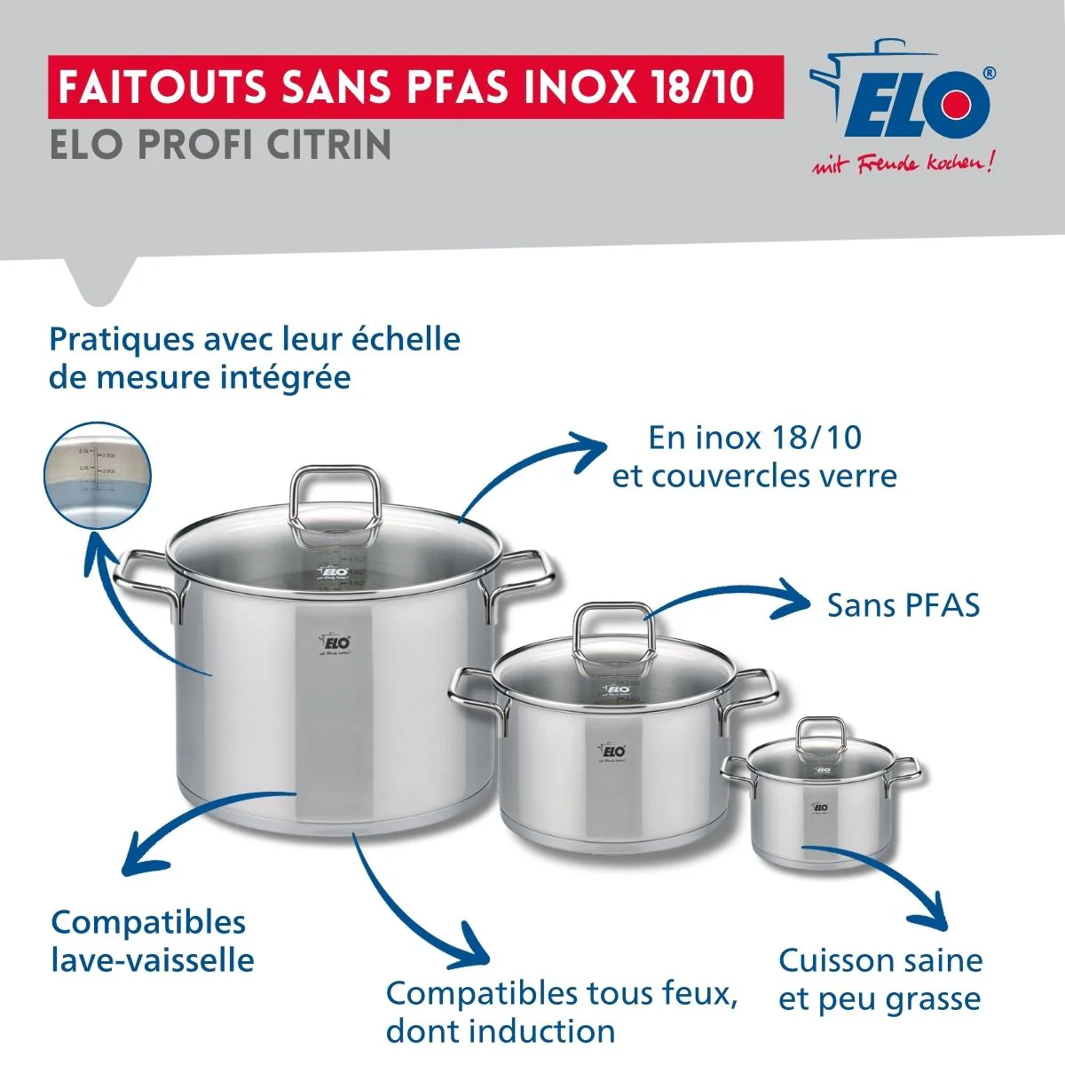Ensemble de 1 Poêle de cuisson 28 cm et 3 faitouts 12, 20 et 26 cm Elo Profi Citrin - Image 3