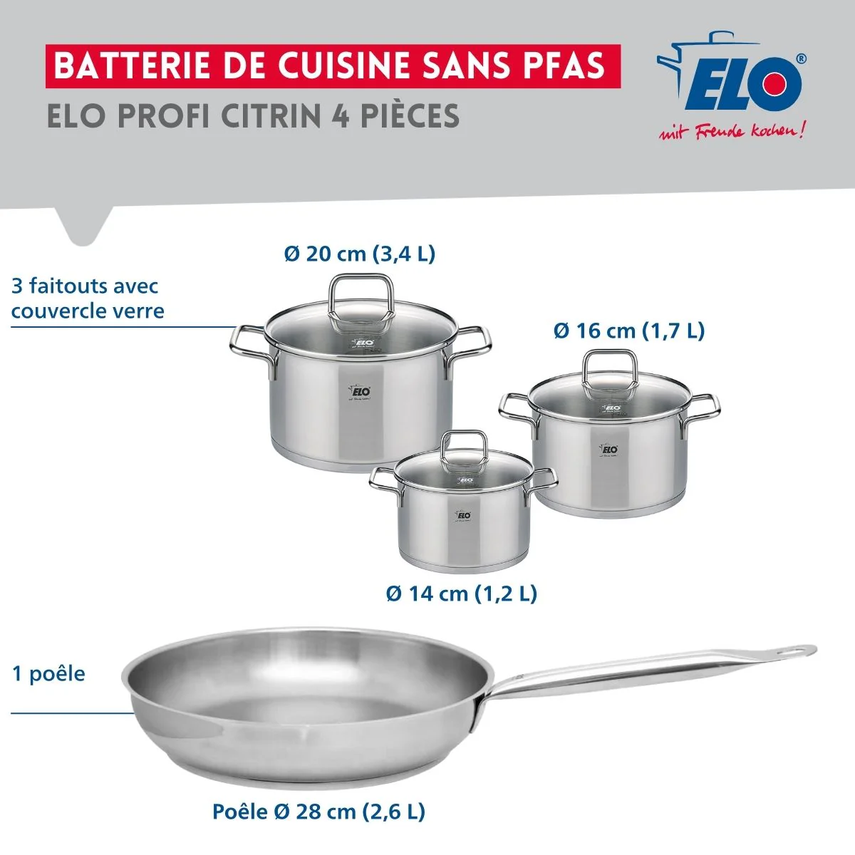 Ensemble de 1 Poêle de cuisson 28 cm et 3 faitouts 14, 16 et 20 cm Elo Profi Citrin - Image 2