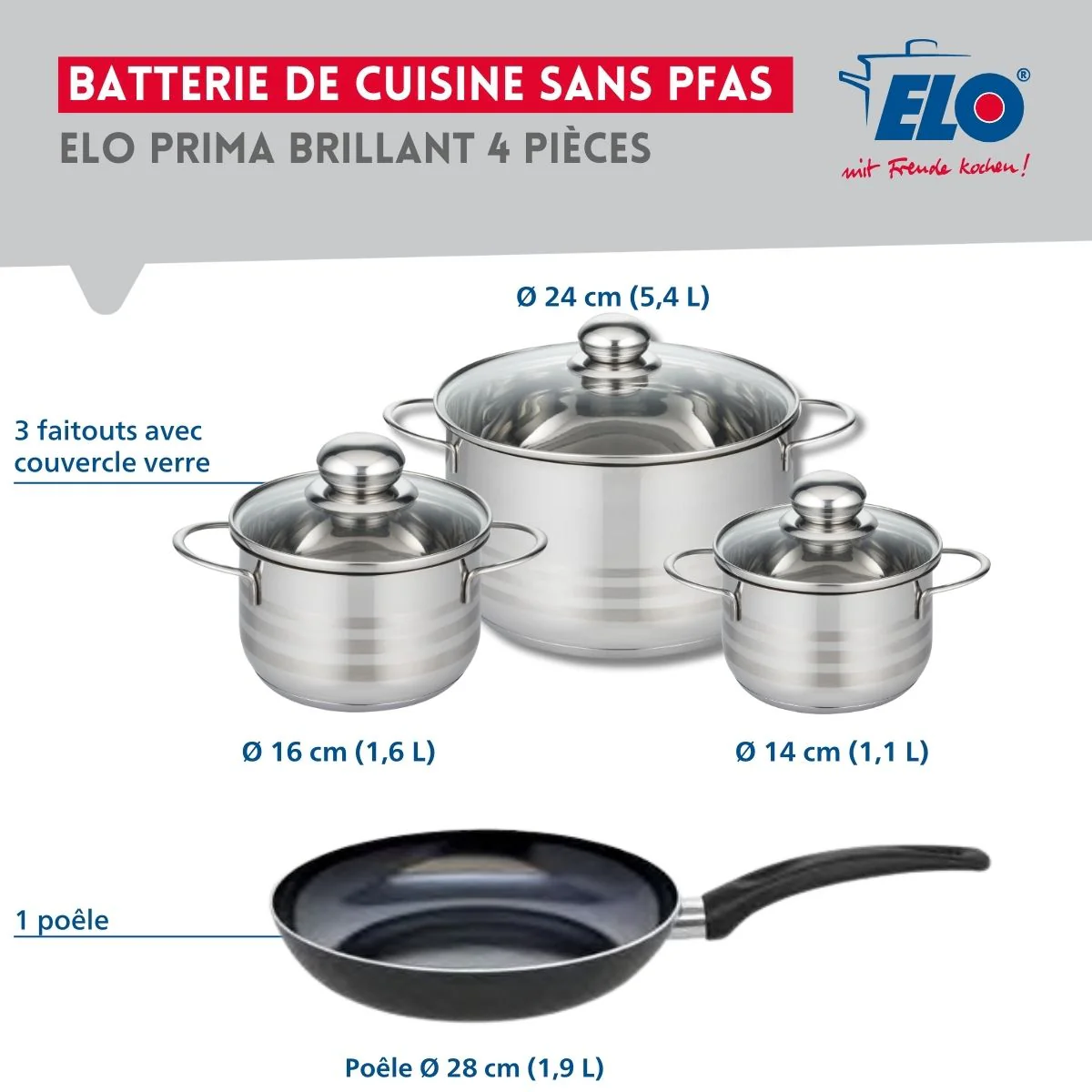 Ensemble de 1 Poêle de cuisson 28 cm et 3 faitouts 14, 16 et 24 cm Elo Prima Brillant - Image 2