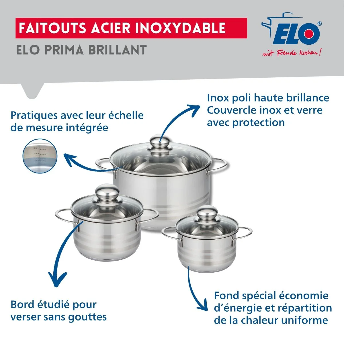 Ensemble de 1 Poêle de cuisson 28 cm et 3 faitouts 14, 16 et 24 cm Elo Prima Brillant - Image 3