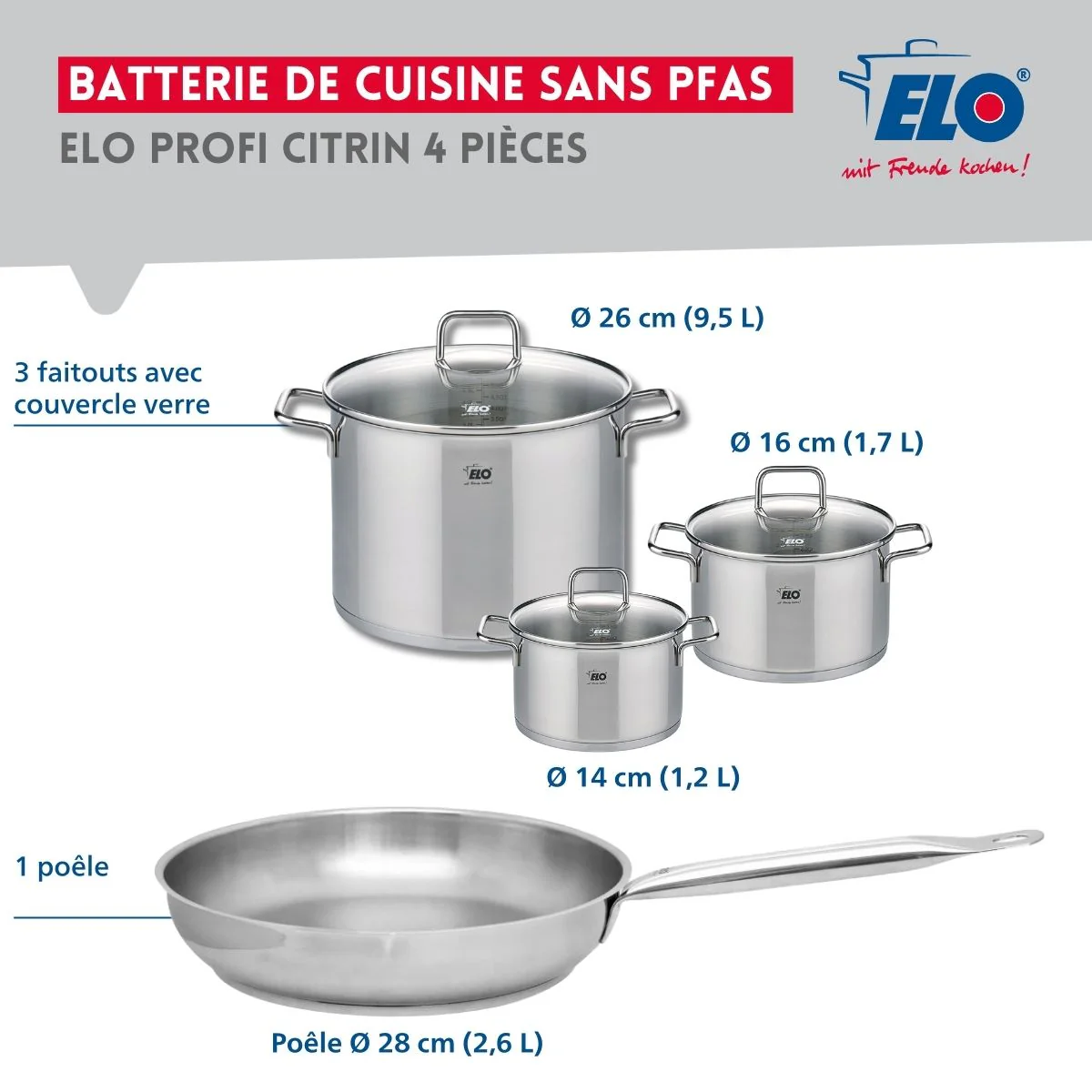 Ensemble de 1 Poêle de cuisson 28 cm et 3 faitouts 14, 16 et 26 cm Elo Profi Citrin - Image 2