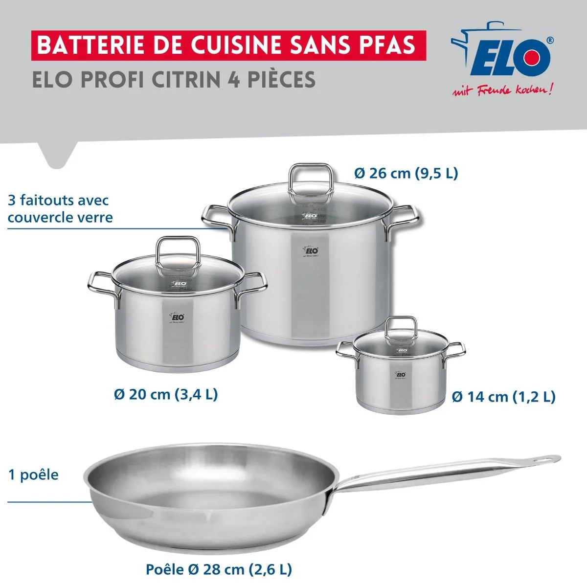 Ensemble de 1 Poêle de cuisson 28 cm et 3 faitouts 14, 20 et 26 cm Elo Profi Citrin - Image 3