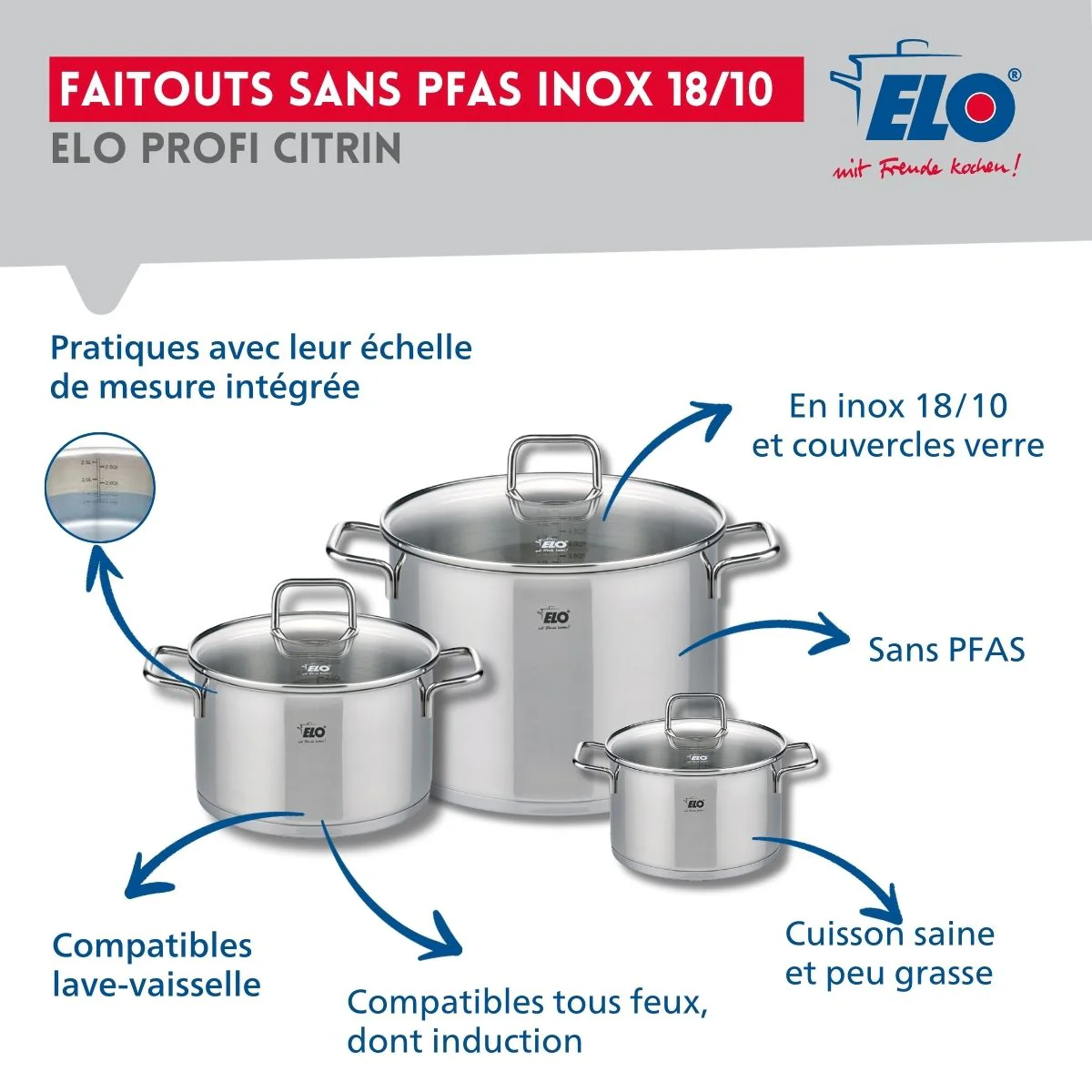Ensemble de 1 Poêle de cuisson 28 cm et 3 faitouts 14, 20 et 26 cm Elo Profi Citrin - Image 5