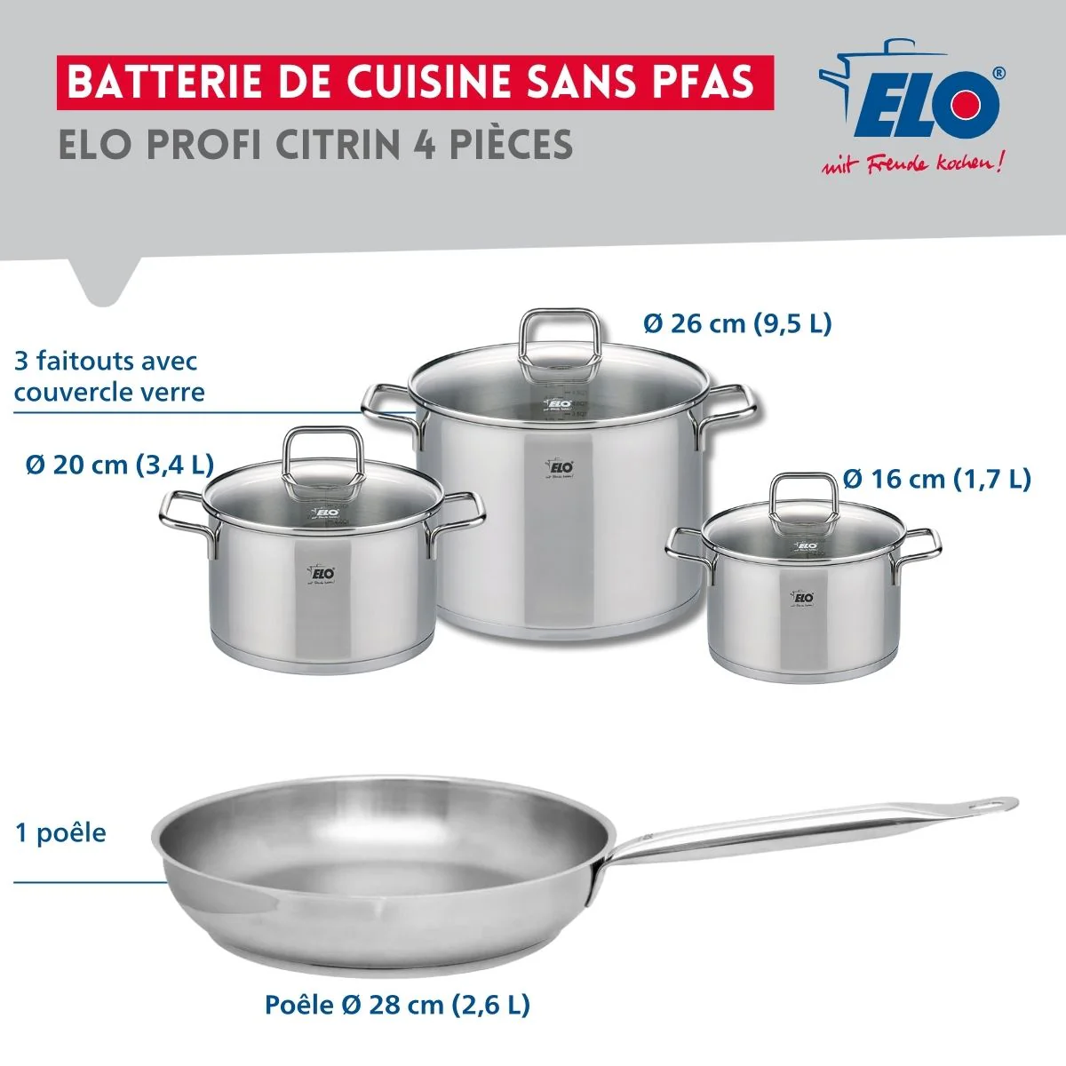 Ensemble de 1 Poêle de cuisson 28 cm et 3 faitouts 16, 20 et 26 cm Elo Profi Citrin - Image 2