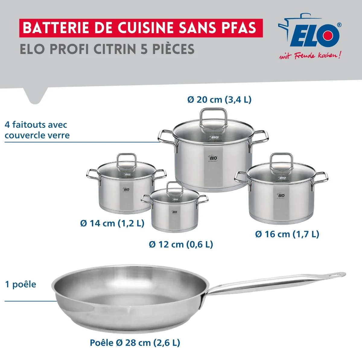 Ensemble de 1 Poêle de cuisson 28 cm et 4 faitouts 12, 14, 16 et 20 cm Elo Profi Citrin - Image 2