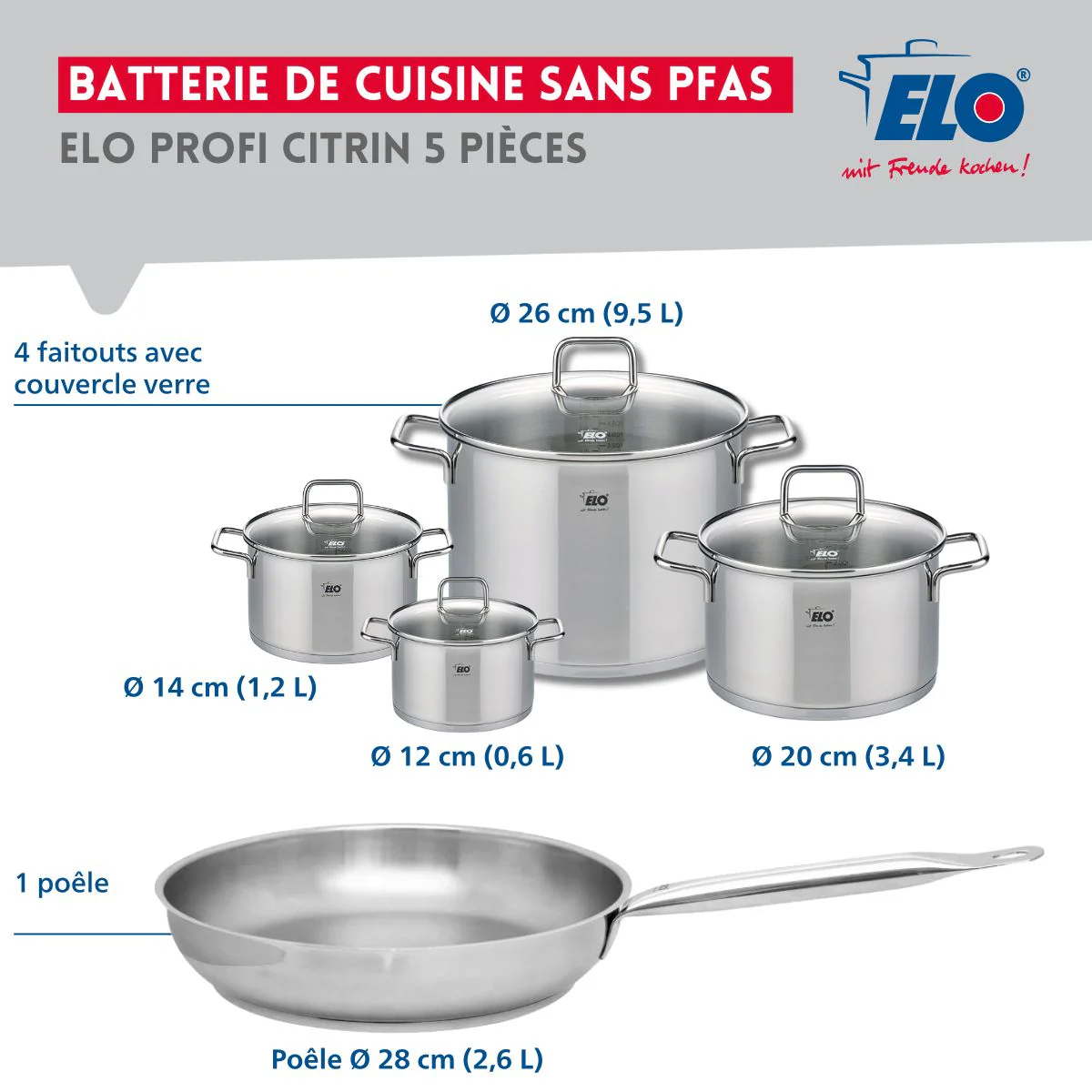 Ensemble de 1 Poêle de cuisson 28 cm et 4 faitouts 12, 14, 20 et 26 cm Elo Profi Citrin - Image 2