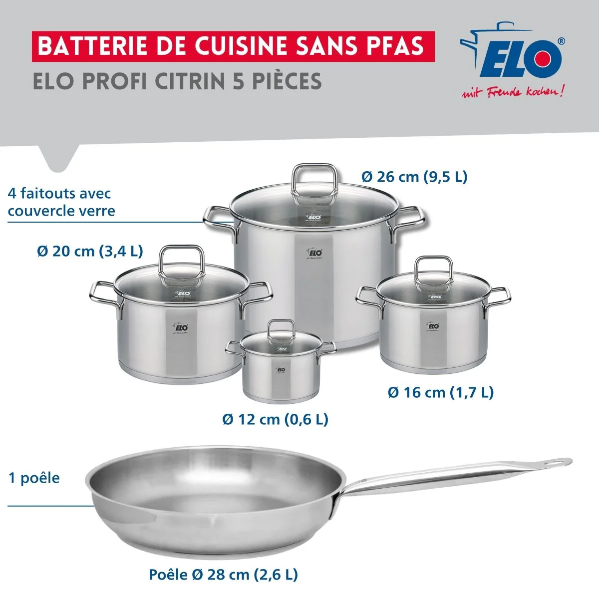Ensemble de 1 Poêle de cuisson 28 cm et 4 faitouts 12, 16, 20 et 26 cm Elo Profi Citrin - Image 2