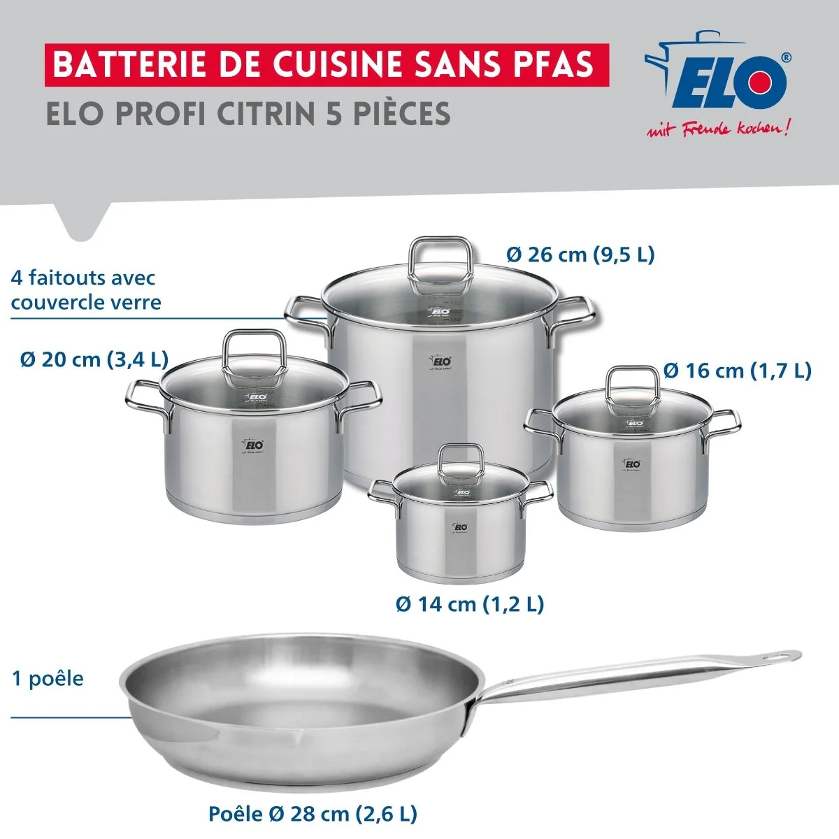 Ensemble de 1 Poêle de cuisson 28 cm et 4 faitouts 14, 16, 20 et 26 cm Elo Profi Citrin - Image 2
